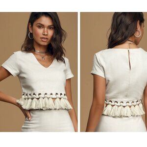 Lulus Belinda Beige Tassel Crop Top Size Medium NWOT